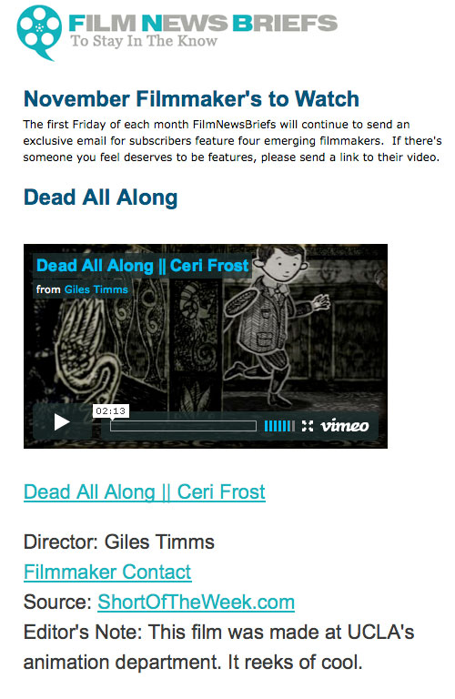 Dead All Along, Featured as a Film News Briefs 'November Filmmakers to Watch'